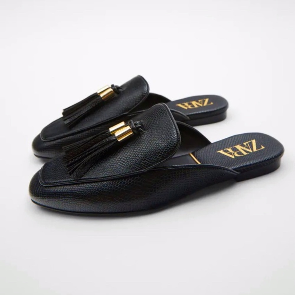 Zara Black Snake Print Tassle Slip On Mules 38